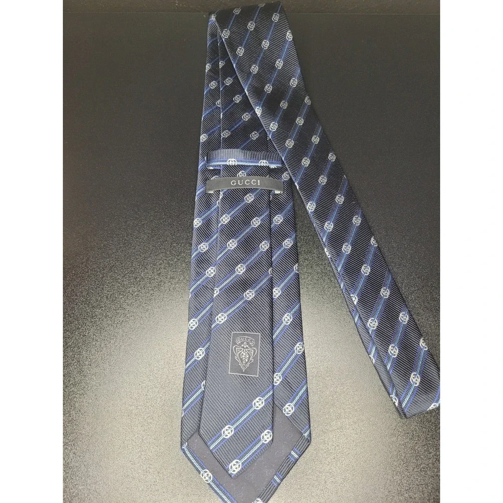 Gucci Men's Necktie Navy Blue Striped Logo Silk Excellent